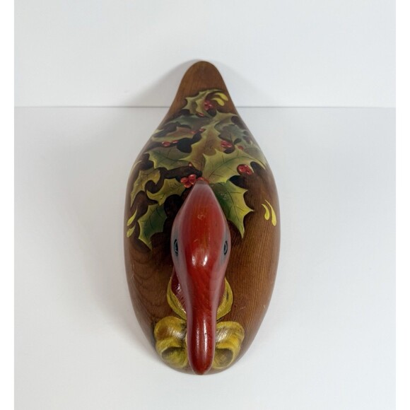 VTG Wooden Duck Decoy Red Headed.‎ Handpainted Holly And Bow.  6”x 16” Aprox. - Picture 6 of 12